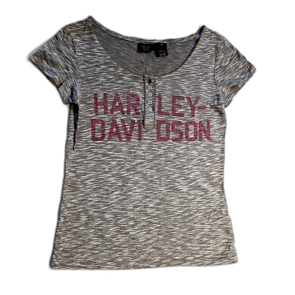 Harley-Davidson Motorcycle Rebels Scoop Neck Button Detail Logo Tee